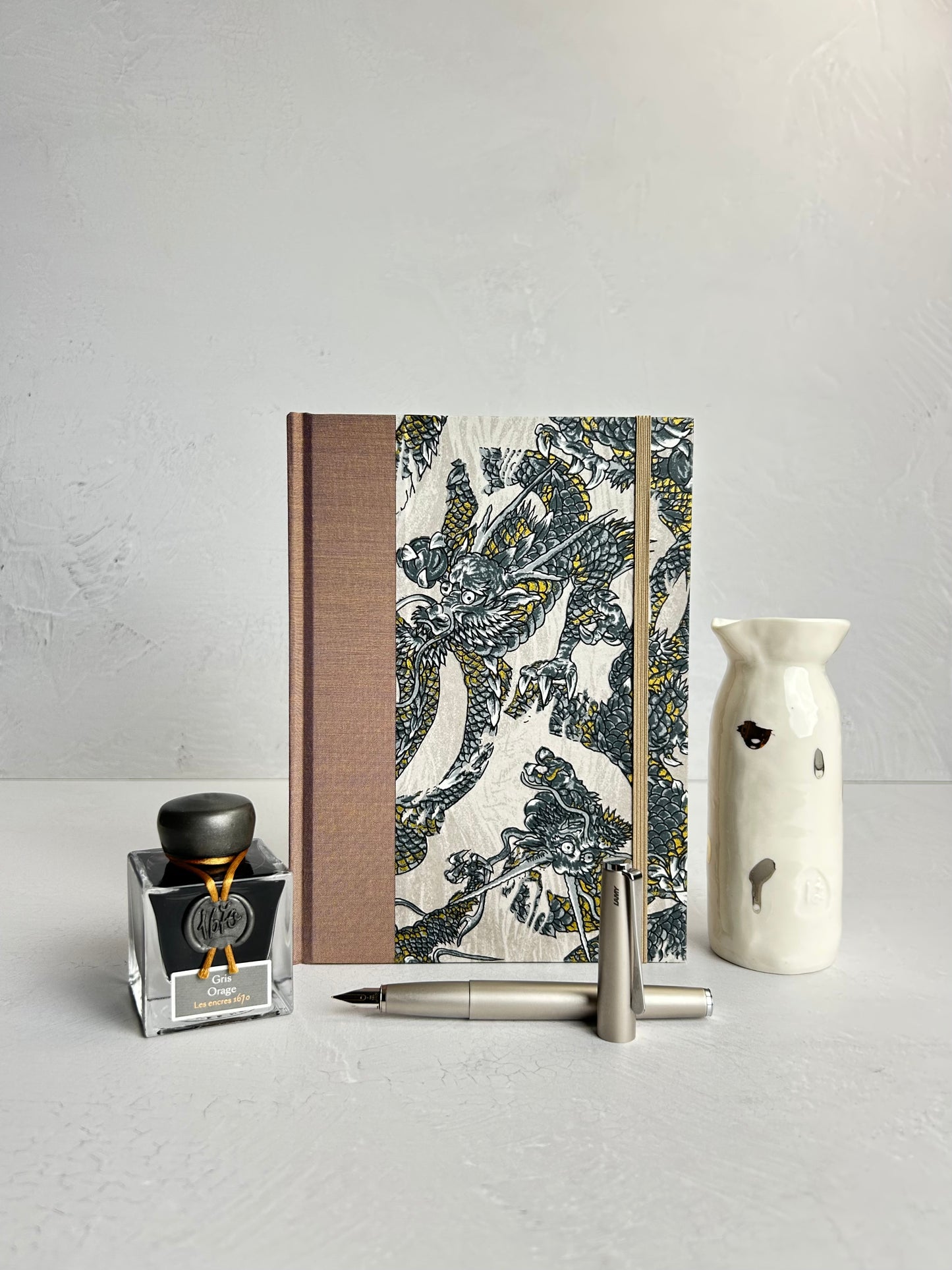 A5 160-page Hardcover Journal finished in Bronze Japanese book cloth and Dragon Chiyogami Paper