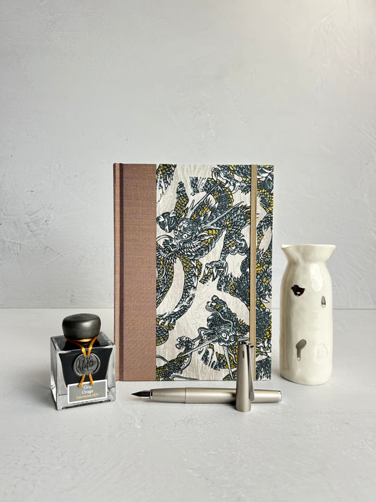 A5 160-page Hardcover Journal finished in Bronze Japanese book cloth and Dragon Chiyogami Paper