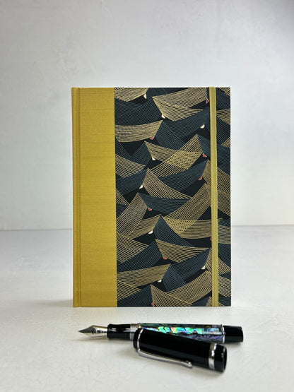A5 160-page Hardcover Journal finished in Yellow Gold Japanese book cloth and Golden Peaks Chiyogami Decorative Paper