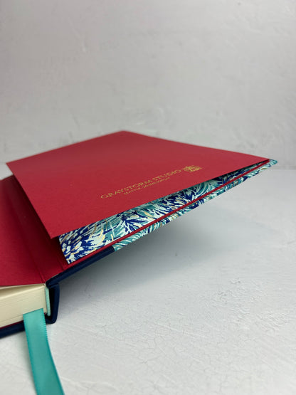 B5 192-page Hardcover Journal finished in cadette blue Japanese book cloth and blue Peonies Chiyogami Paper