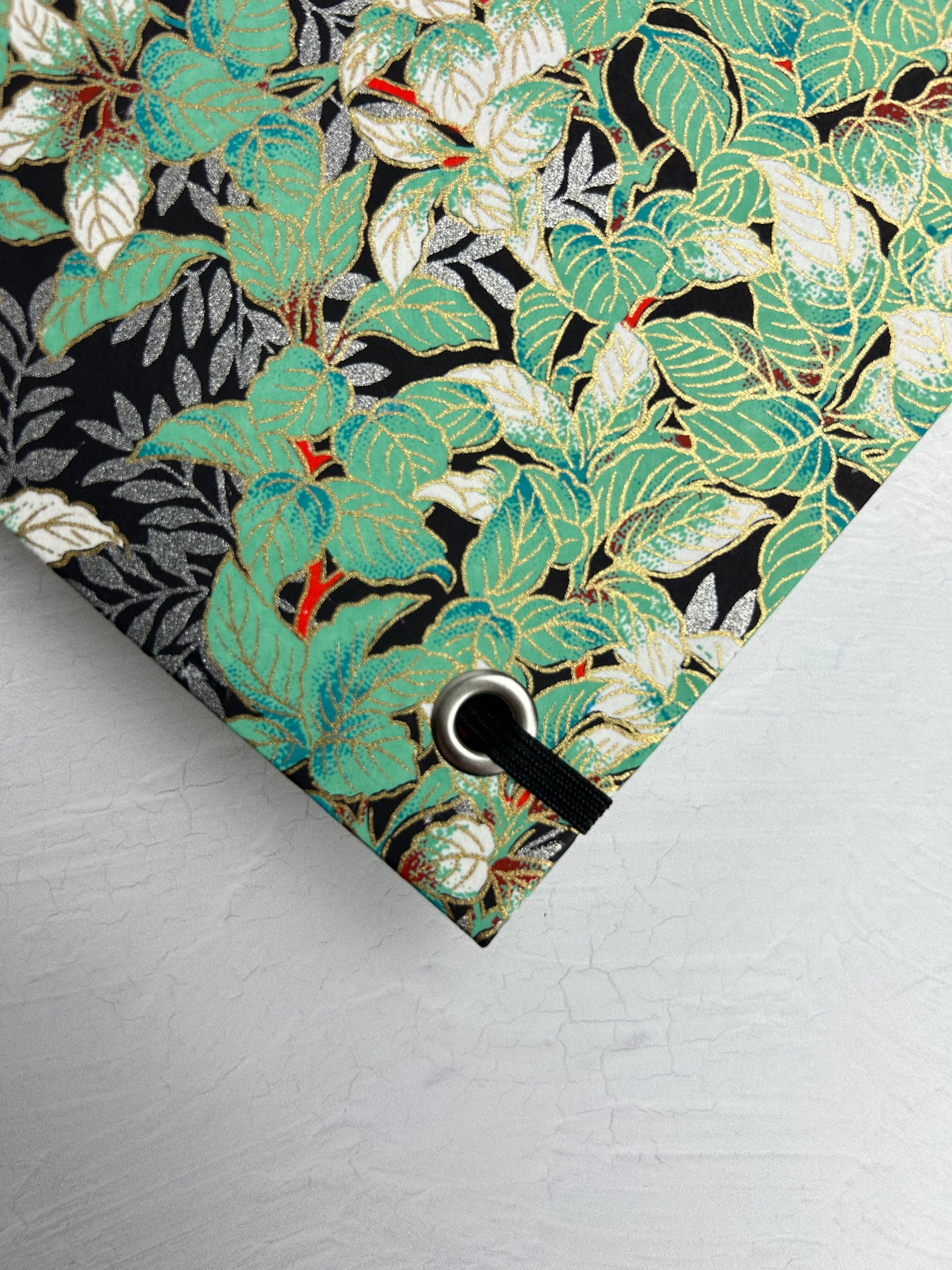B5 192-page Hardcover Journal finished in black Japanese book cloth with green and silver botanical Chiyogami Paper
