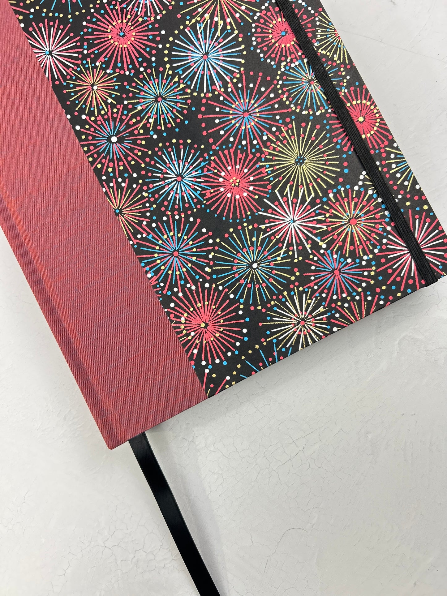 (JANUARY 2026 DELIVERY) B5 Hardcover Notebook finished in Rust Blue Japanese book cloth and Chiyogami Fireworks on Black