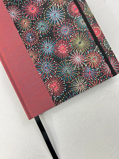 (JANUARY 2026 DELIVERY) B5 Hardcover Notebook finished in Rust Blue Japanese book cloth and Chiyogami Fireworks on Black