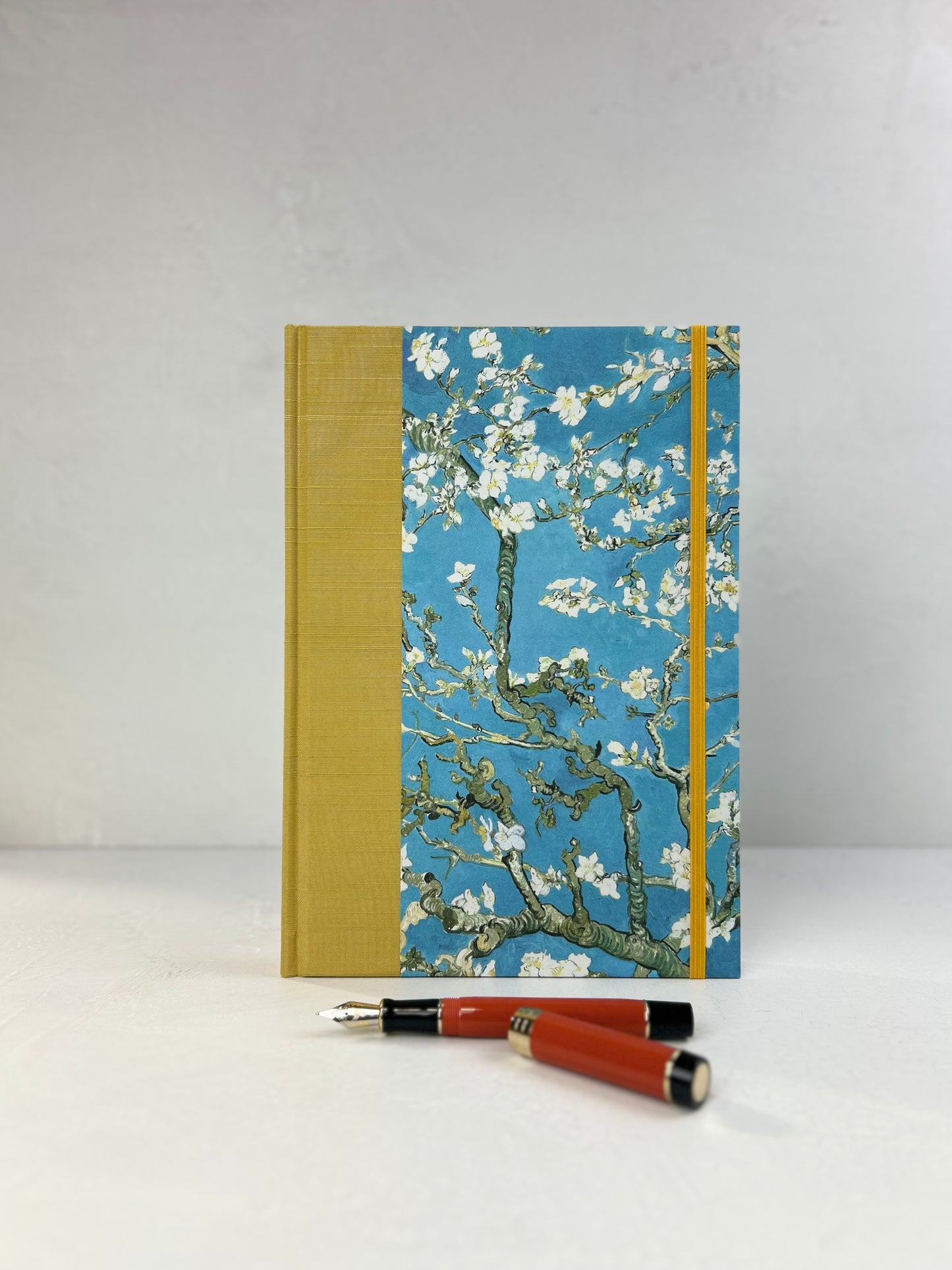B5 Hardcover Notebook finished in Yellow Gold Japanese book cloth and Vincent Van Gogh Almond Blossoms