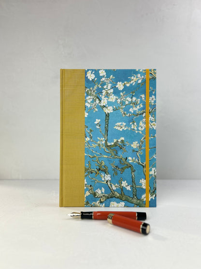 B5 Hardcover Notebook finished in Yellow Gold Japanese book cloth and Vincent Van Gogh Almond Blossoms