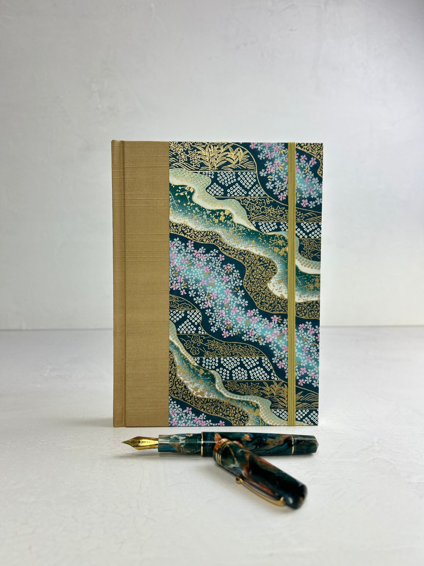 A5 160-page Hardcover Journal finished in Soft Gold Japanese book cloth and Floral Chiyogami Paper