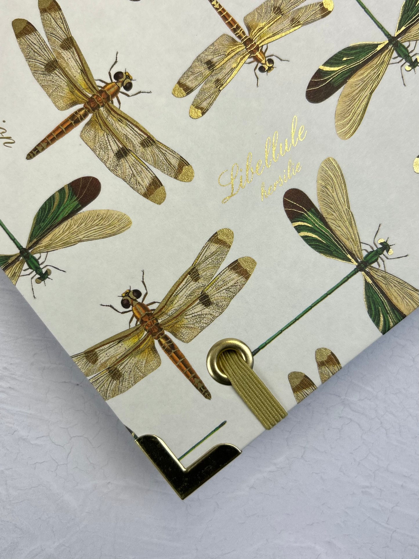 A5 160-page Hardcover Journal finished in Soft Gold Japanese book cloth and Dragonfly Florentine Italian Paper