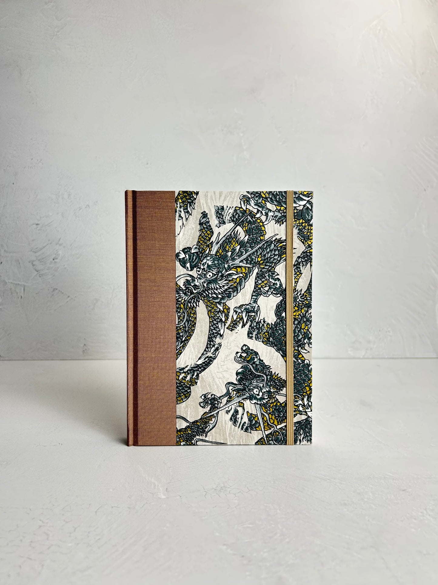 A5 160-page Hardcover Journal finished in Bronze Japanese book cloth and Dragon Chiyogami Paper