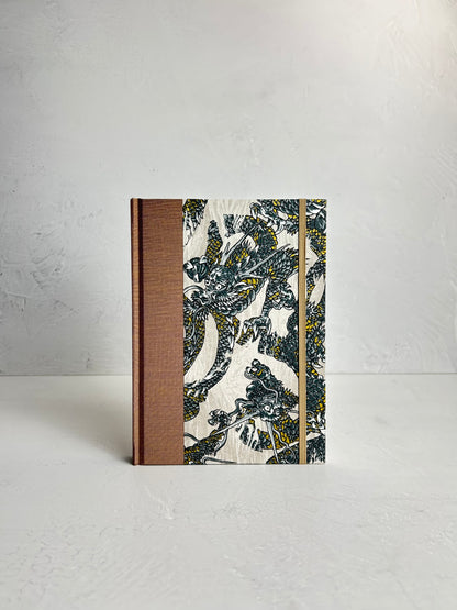 A5 160-page Hardcover Journal finished in Bronze Japanese book cloth and Dragon Chiyogami Paper
