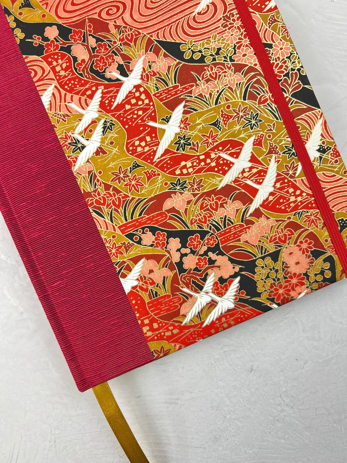 NEW B5 Hardcover Notebook finished in Cardinal Red Japanese book cloth and White Cranes on Red Chiyogami Paper