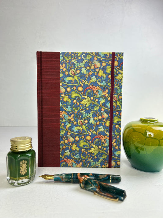 A5 160-page Hardcover Journal finished in Dark Red Japanese book cloth and Floral Italian Florentine Paper