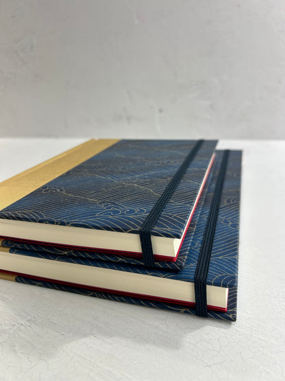 A5 160-page Hardcover Journal finished in soft gold Japanese book cloth and golden waves on blue Chiyogami Paper