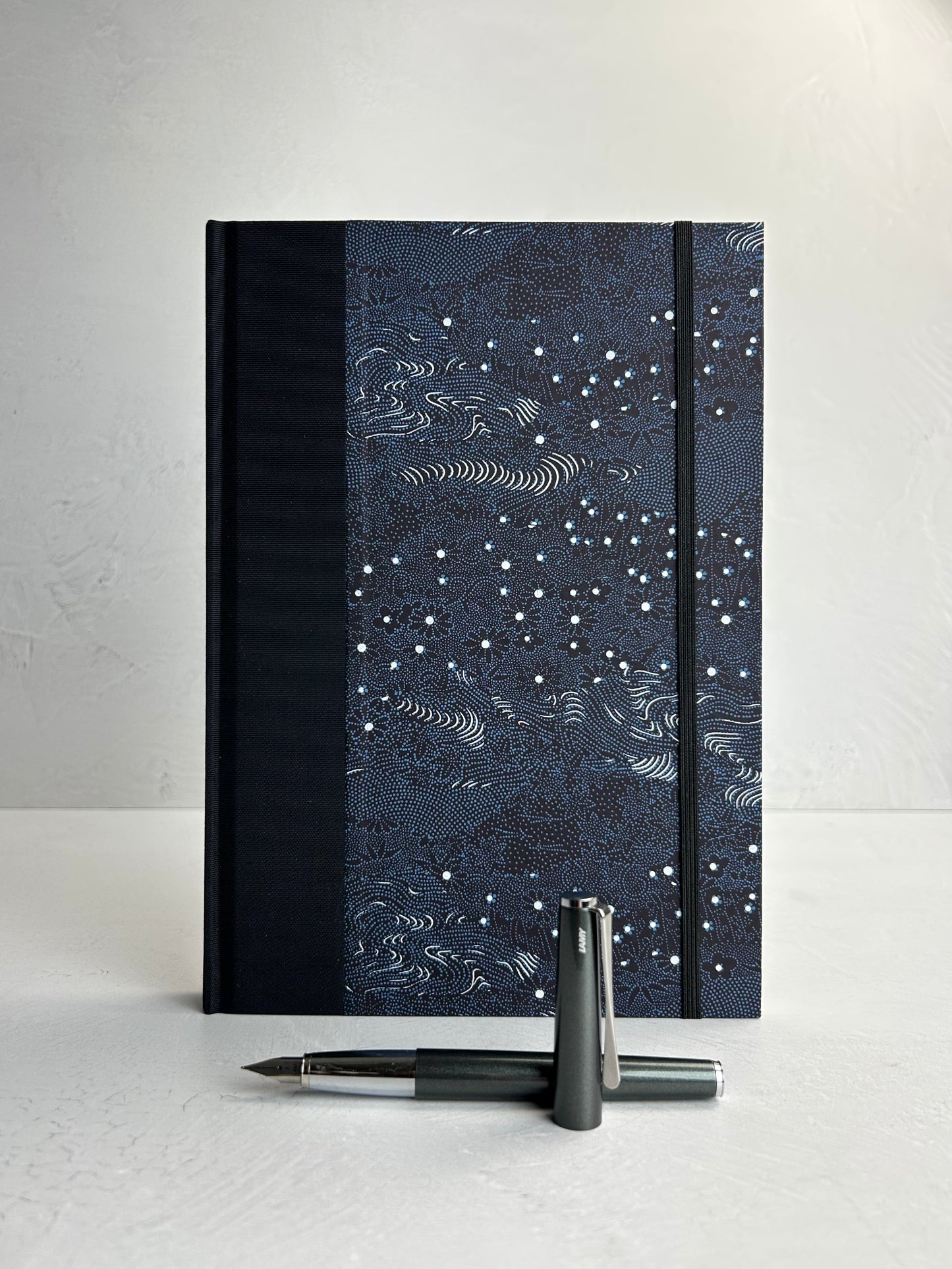 B5 192-page Hardcover Journal finished in Black Japanese book cloth and dark blue Chiyogami Paper