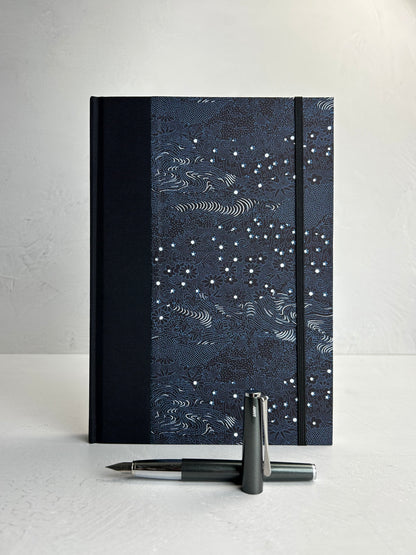 B5 192-page Hardcover Journal finished in Black Japanese book cloth and dark blue Chiyogami Paper