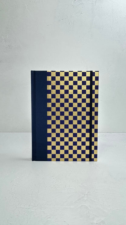 A5 160-page Hardcover Journal finished in Cadet Blue Japanese book cloth and Checkered Chiyogami Paper