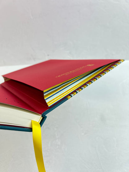 B5 192-page Hardcover Journal finished in Marine Blue Japanese book cloth and pinstripe Chiyogami Paper