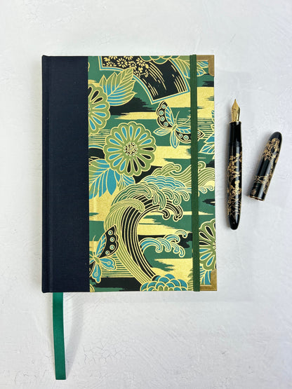 A5 Hardcover Notebook finished in Black Japanese book cloth and bold botanical Chiyogami Paper