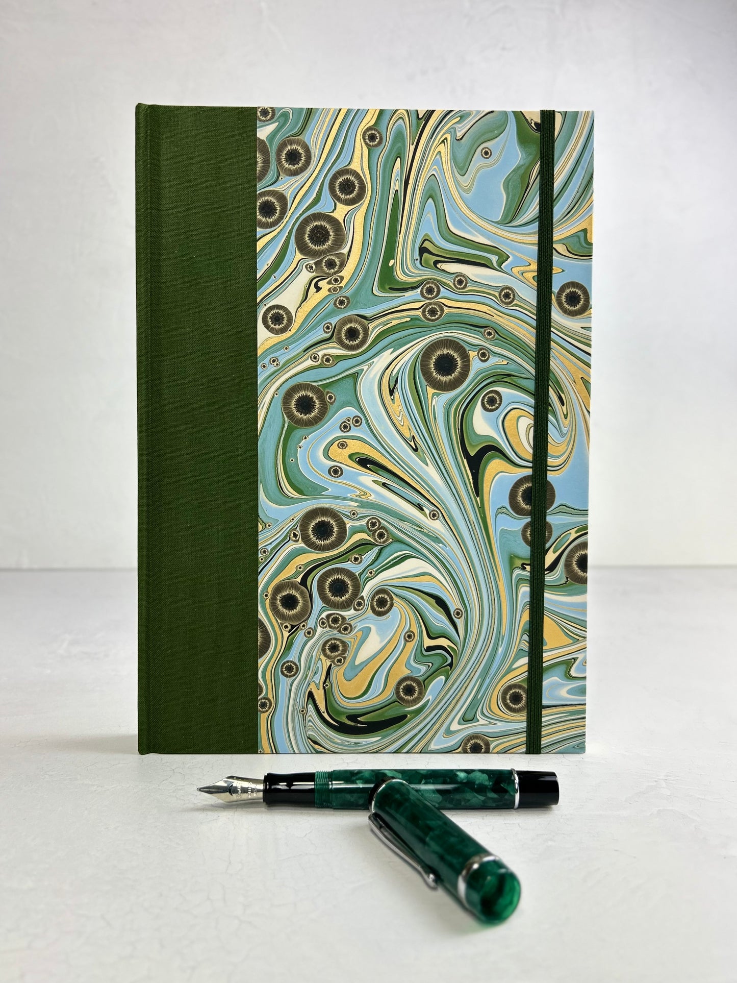 B5 192-page Hardcover Journal finished in Olive Italian Verona book cloth and Renato Crepaldi hand marbled decorative paper
