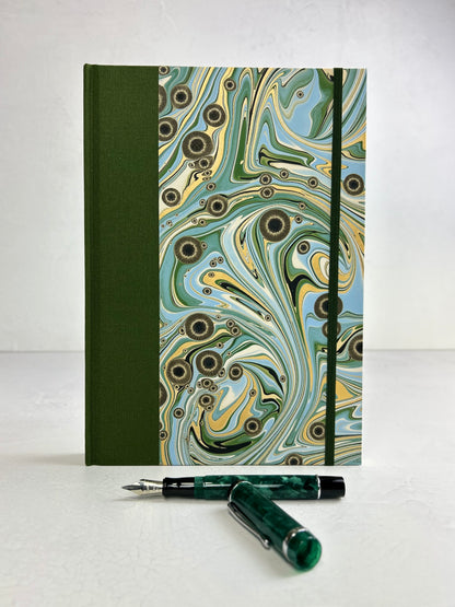B5 192-page Hardcover Journal finished in Olive Italian Verona book cloth and Renato Crepaldi hand marbled decorative paper