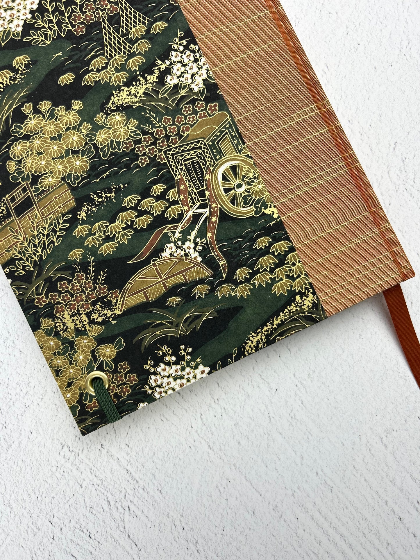 NEW A5 Hardcover Notebook finished in Bronze Japanese book cloth and Classic Green Gold Chiyogami Paper
