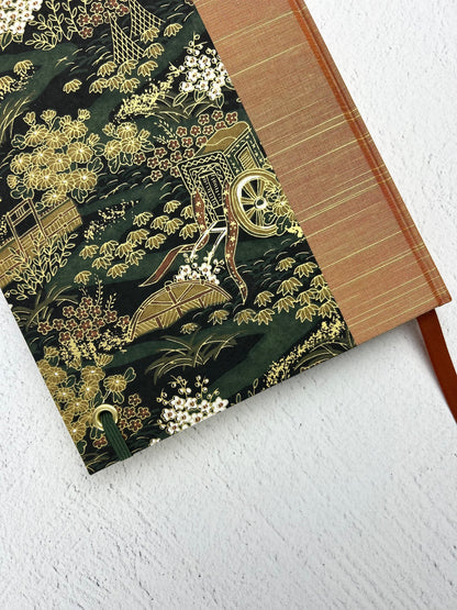 NEW A5 Hardcover Notebook finished in Bronze Japanese book cloth and Classic Green Gold Chiyogami Paper