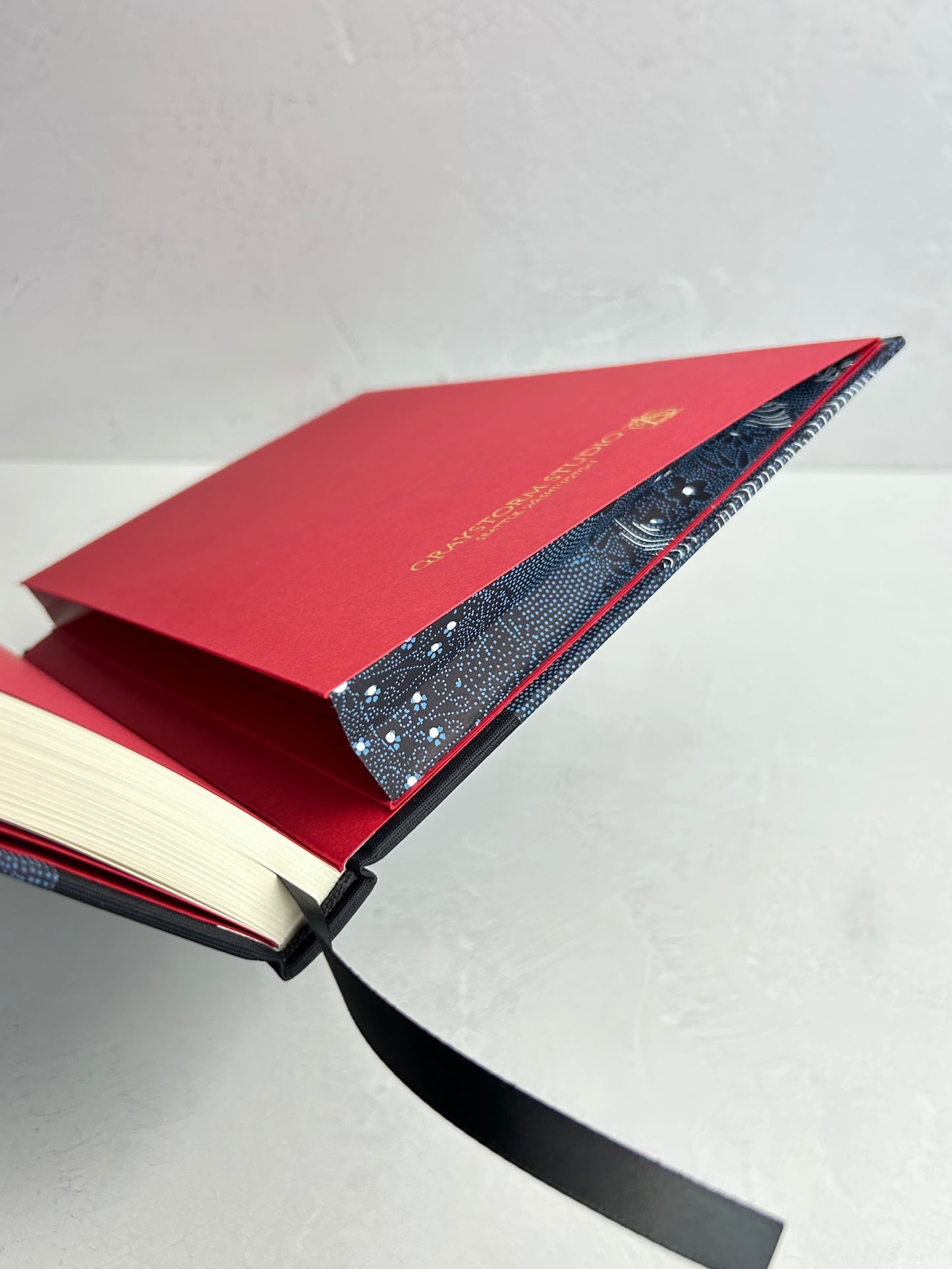 A5 160-page Hardcover Journal in finished Black Japanese book cloth and dark blue Chiyogami Paper