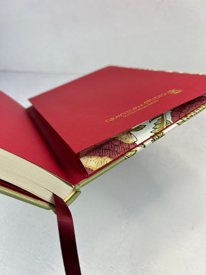 B5 192-page Hardcover Journal finished in Celery Japanese book cloth and Red Floral Chiyogami Paper