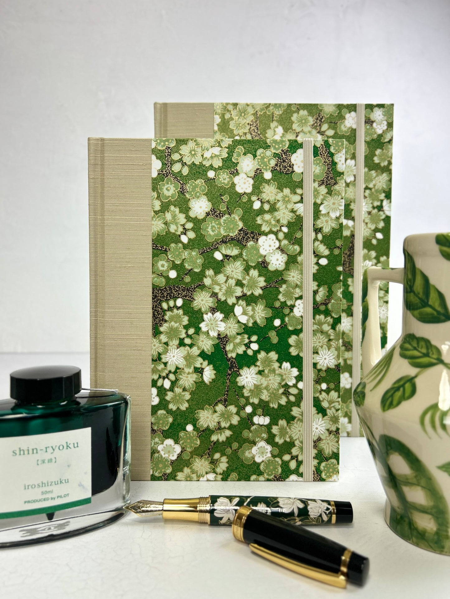 A5 160-page Hardcover Journal finished in Platinum Japanese book cloth and Cherry Blossom Chiyogami Paper