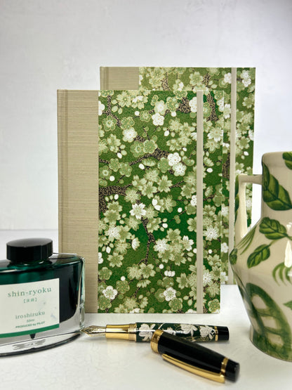 A5 160-page Hardcover Journal finished in Platinum Japanese book cloth and Cherry Blossom Chiyogami Paper
