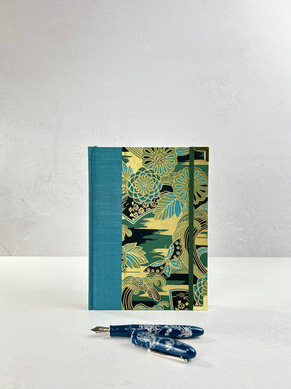 A5 Hardcover Notebook finished in Marine Blue Japanese book cloth and bold botanical Chiyogami Paper
