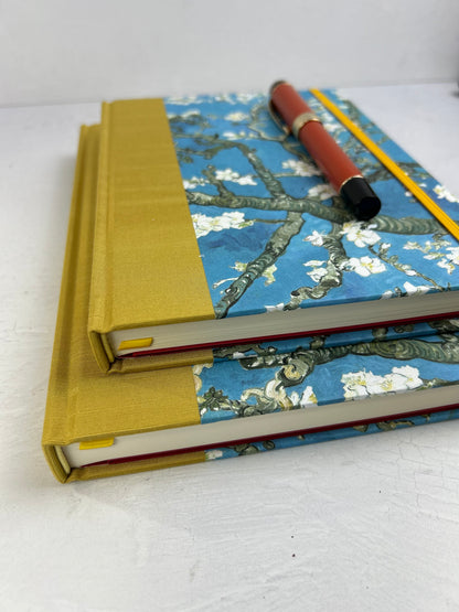 A5 Hardcover Notebook finished in Yellow Gold Japanese book cloth and Vincent Van Gogh Almond Blossoms