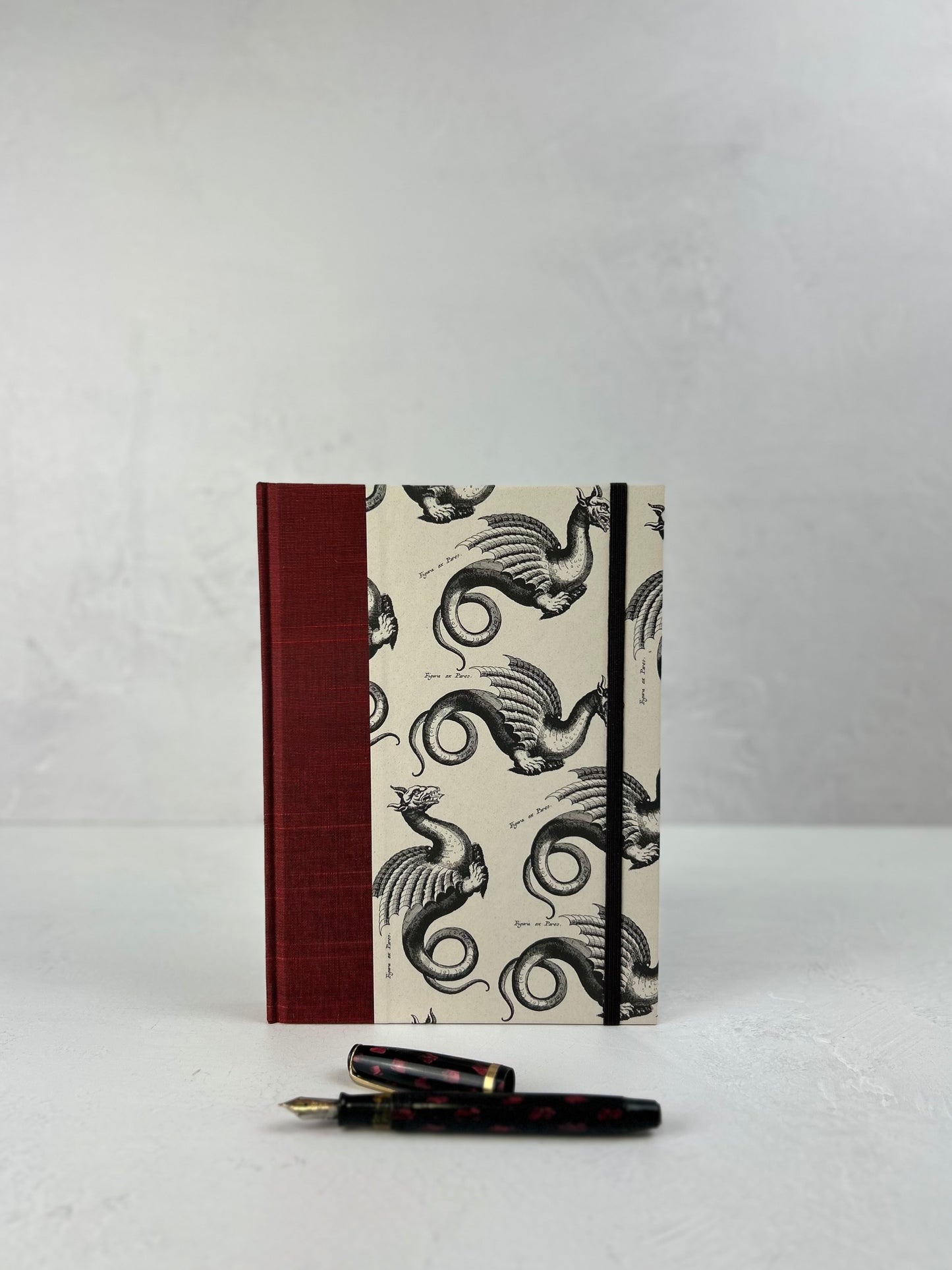 NEW A5 Hardcover Notebook finished in Blood Red Japanese book cloth and Italian Medieval Letterpress Dragons Paper