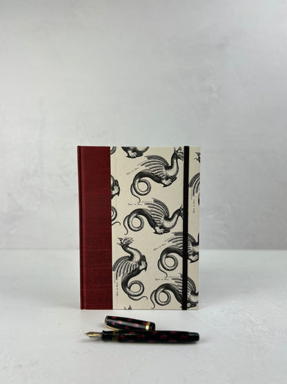 NEW A5 Hardcover Notebook finished in Blood Red Japanese book cloth and Italian Medieval Letterpress Dragons Paper