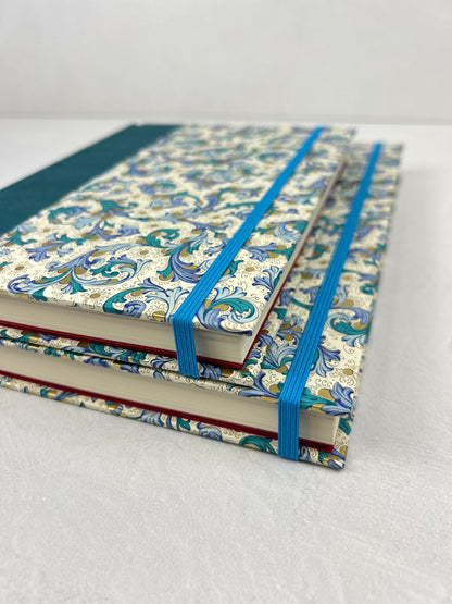 A5 160-page Hardcover Journal finished in Marine Blue Japanese book cloth and blue paisley Florentine Italian print