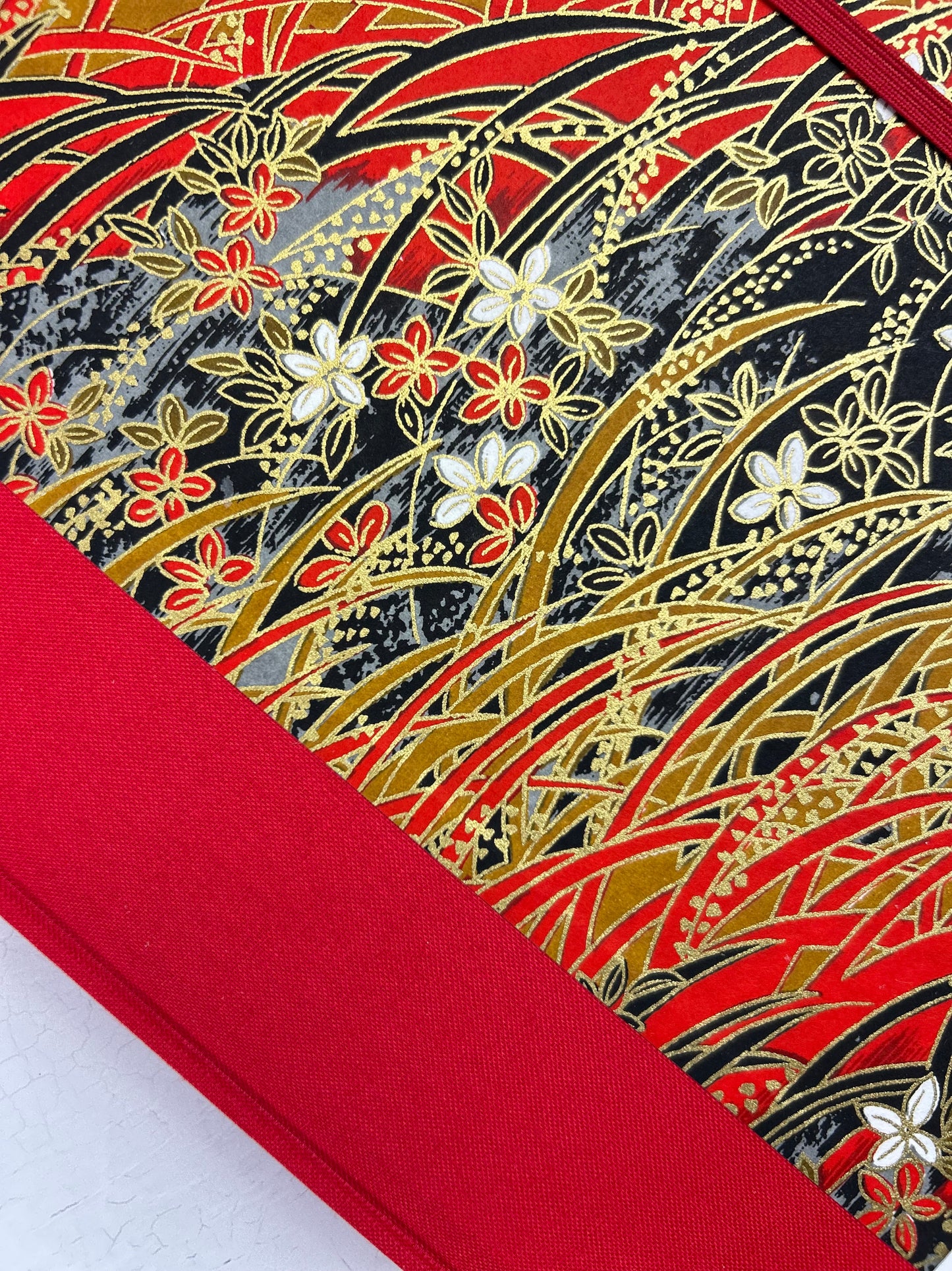 A5 160-page Hardcover Journal finished in Red Italian Verona book cloth and Vintage Floral Chiyogami Paper