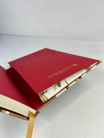 A5 160-page Hardcover Journal finished in Soft Gold Japanese book cloth and Dragonfly Florentine Italian Paper