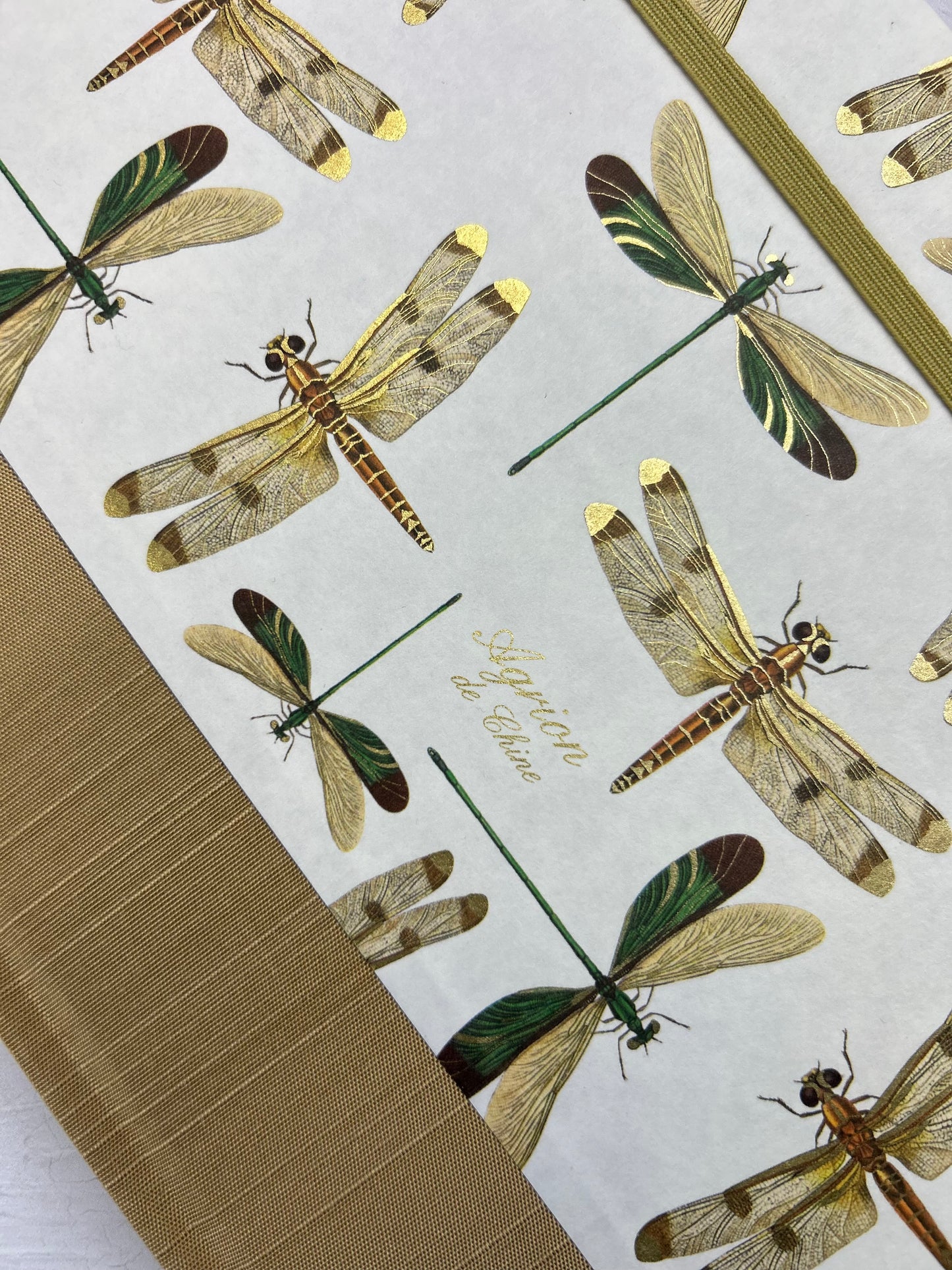A5 160-page Hardcover Journal finished in Soft Gold Japanese book cloth and Dragonfly Florentine Italian Paper