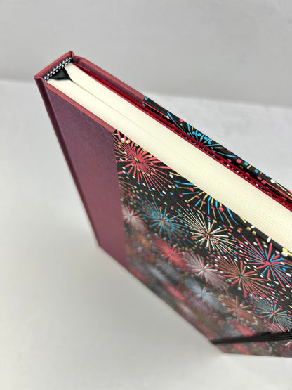 (JANUARY 2026 DELIVERY) B5 Hardcover Notebook finished in Rust Blue Japanese book cloth and Chiyogami Fireworks on Black