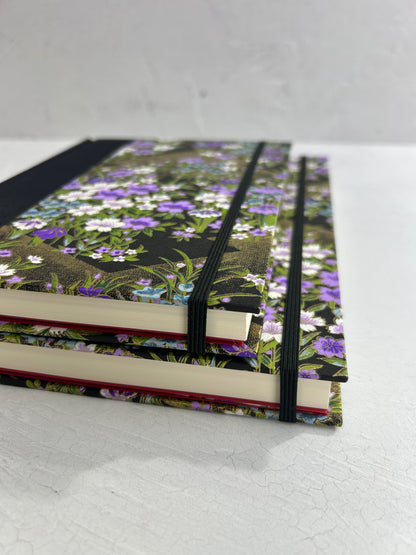 A5 160-page Hardcover Journal finished in black Japanese book cloth and purple wild flower Chiyogami paper