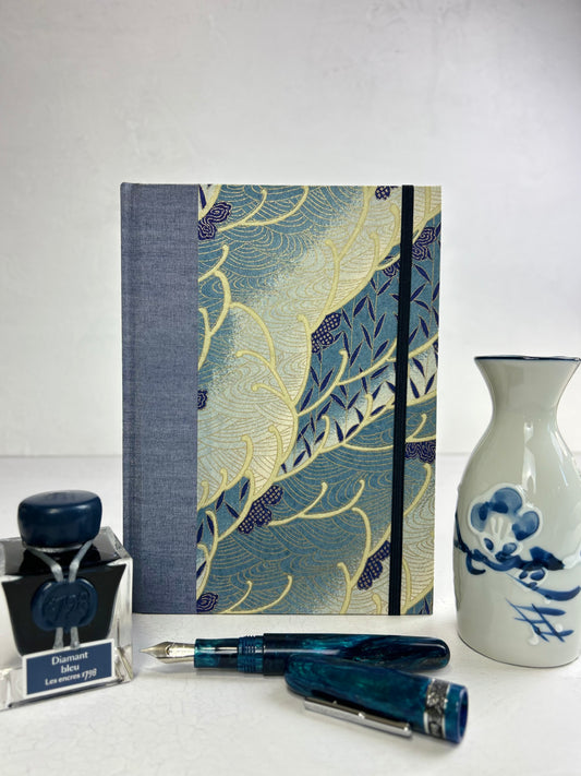 A5 160-page Hardcover Journal finished in Blue Silver book cloth and Vintage Floral Chiyogami Paper