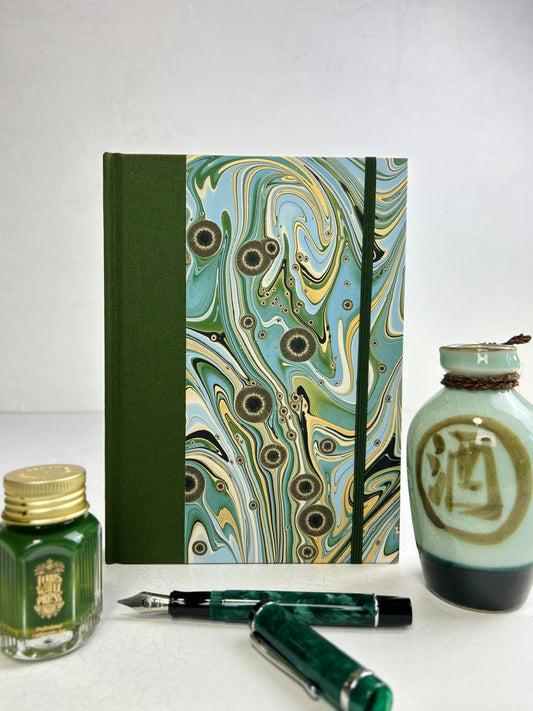 A5 160-page Hardcover Journal finished in Olive Italian Verona book cloth and Renato Crepaldi hand marbled decorative paper