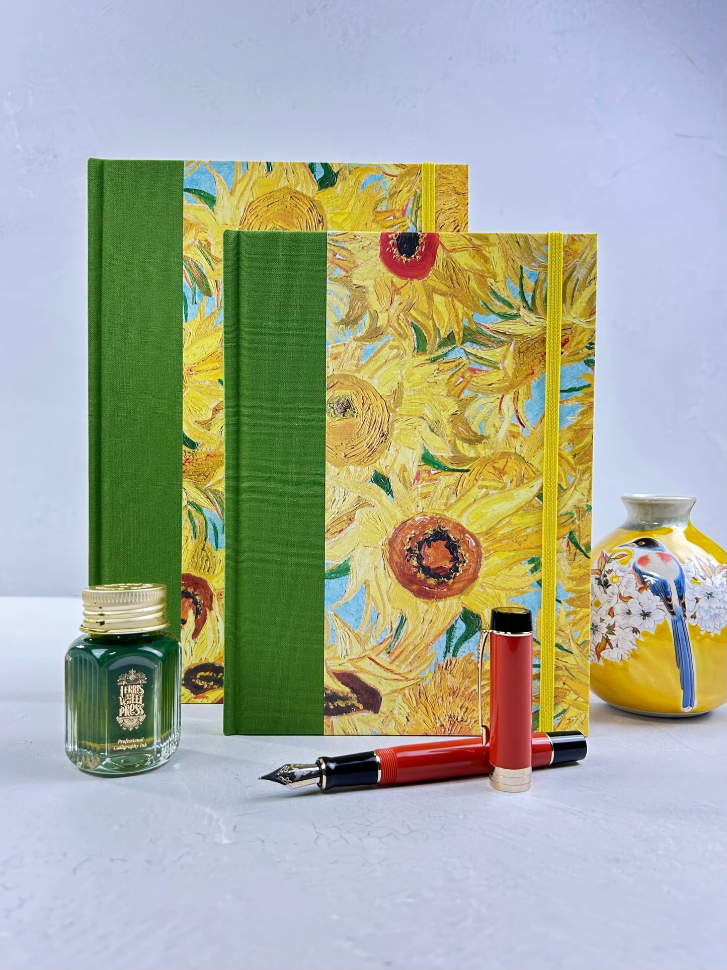 A5 160-page Hardcover Journal finished in Lemon Grass Green Verona book cloth and Sunflowers by Vincent Van Gogh