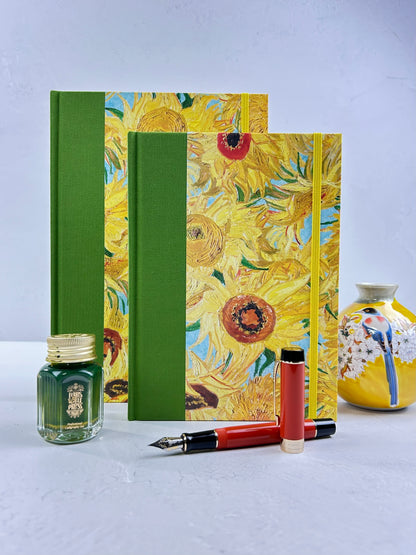 A5 160-page Hardcover Journal finished in Lemon Grass Green Verona book cloth and Sunflowers by Vincent Van Gogh