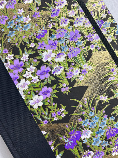 A5 160-page Hardcover Journal finished in black Japanese book cloth and purple wild flower Chiyogami paper