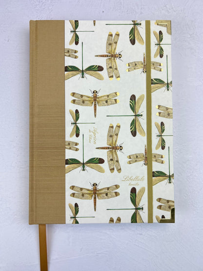 A5 160-page Hardcover Journal finished in Soft Gold Japanese book cloth and Dragonfly Florentine Italian Paper
