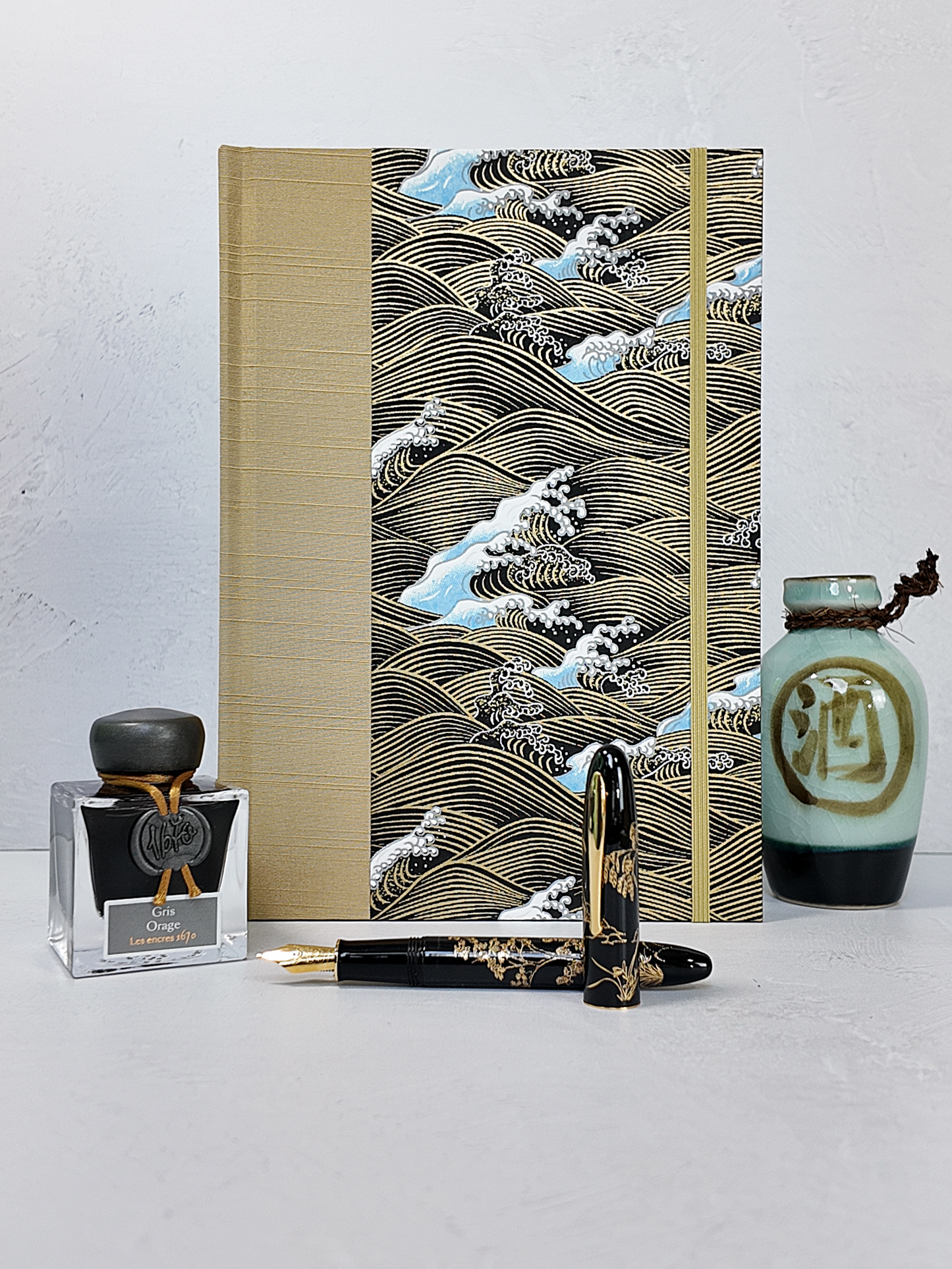 PRE-ORDER NEW B5 192-page Hardcover Journal finished in Soft Gold and Gold and Blue Waves Chiyogami Paper