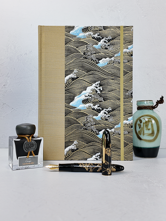 PRE-ORDER NEW B5 192-page Hardcover Journal finished in Soft Gold and Gold and Blue Waves Chiyogami Paper