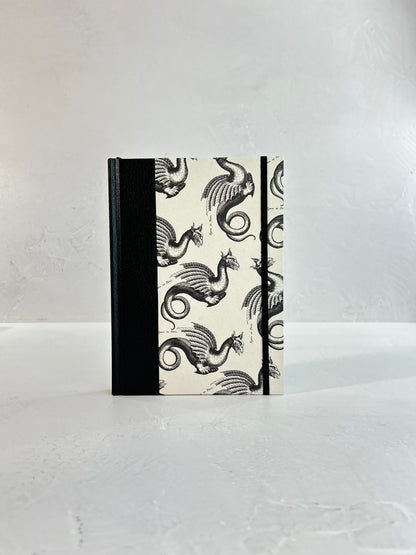 A5 160-page Hardcover Journal finished in Black Vaux Leather and Italian Letterpress dragon design