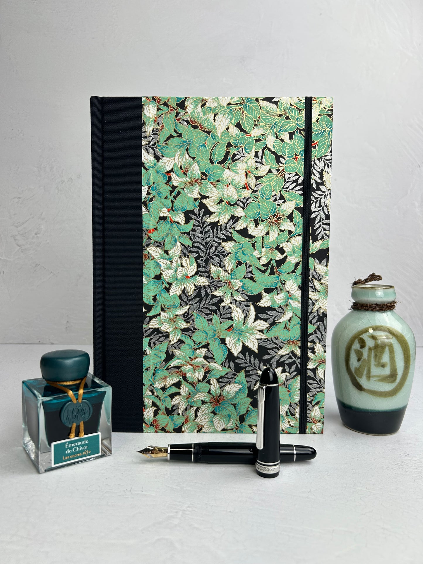 B5 192-page Hardcover Journal finished in black Japanese book cloth with green and silver botanical Chiyogami Paper