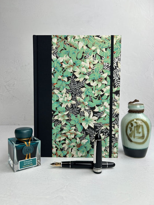 B5 192-page Hardcover Journal finished in black Japanese book cloth with green and silver botanical Chiyogami Paper